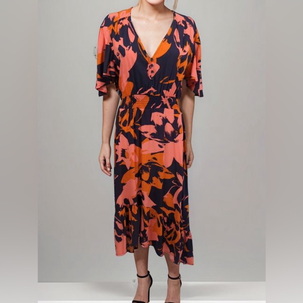 Anthropologie Abel The Label Dress Women Purple Pink Floral V-neck High Lo Midi